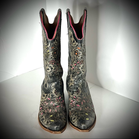 Johnny Ringo Cowboy Boots Genuine Leather Floral Overlay Black Pink Lime Yellow - Picture 8 of 12
